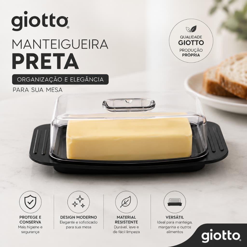 Manteigueira Preta com Tampa Transparente Porta Manteiga Organizador Cozinha Giotto