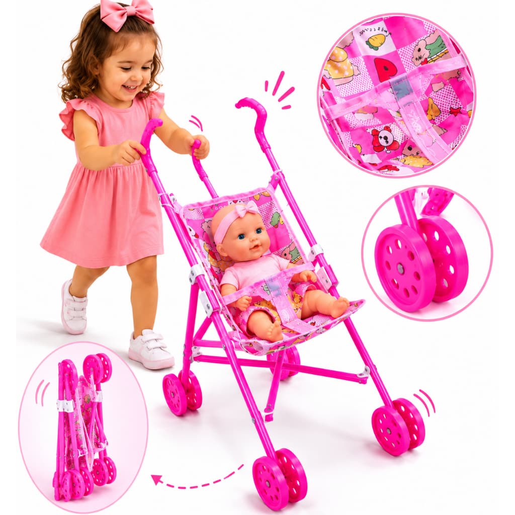 Carrinho De Boneca Brinquedo Dobrável Rosa Bebê Reborn Passeio Menina