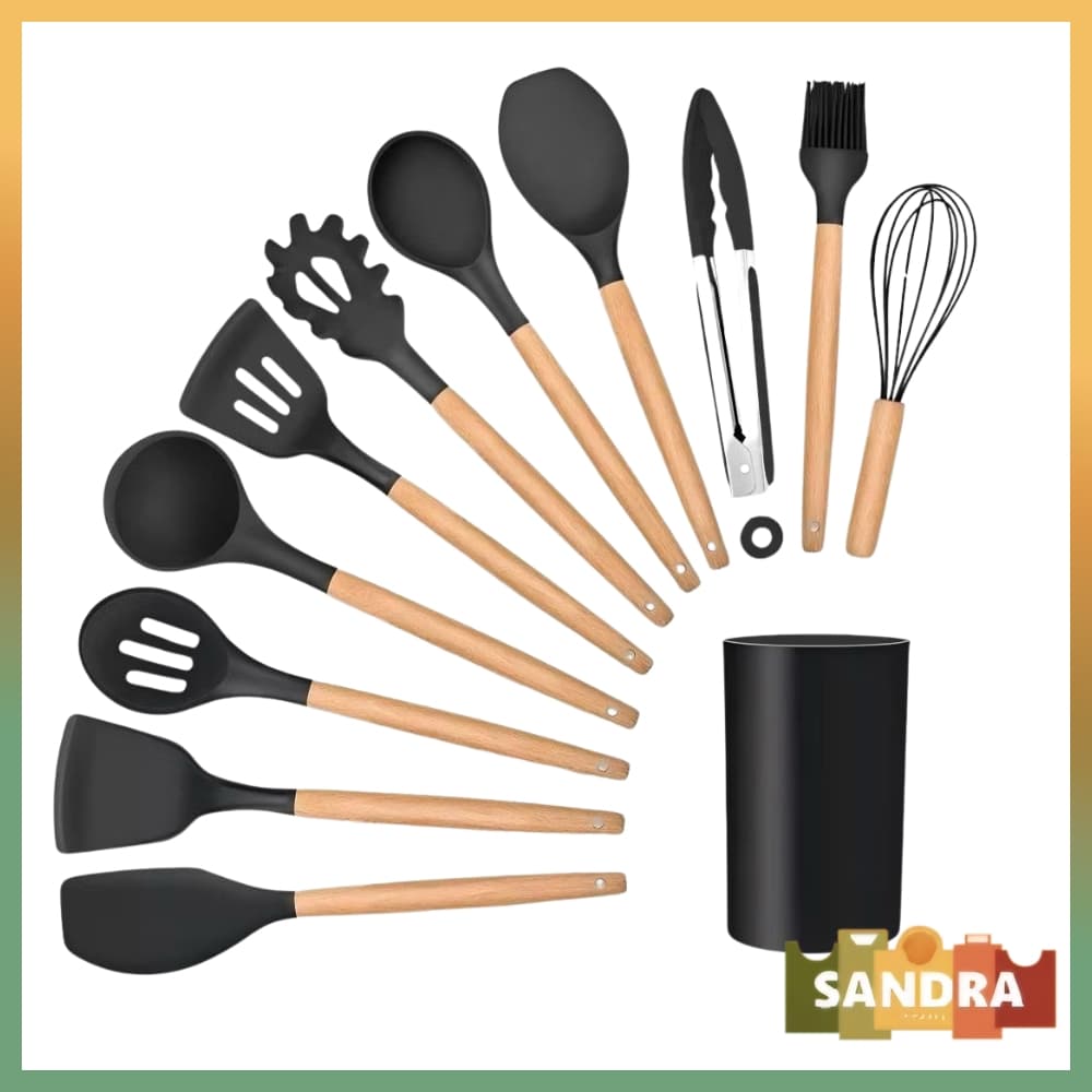 Jogo Kit De Cozinha 12pçs De Silicone Utensílios e Copo Suporte para Cozinha Cabo de Madeira