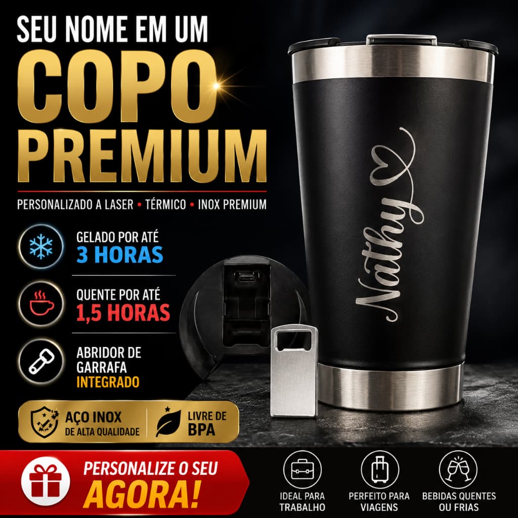 Personalizado - Copo Térmico Inox com TAMPA e ABRIDOR (473 ml) - Preto