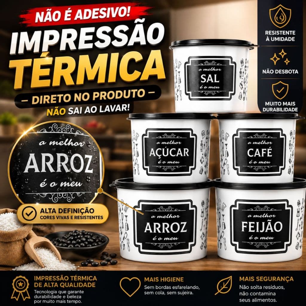 Kit 5 Potes Mantimentos Herméticos Organizador Cozinha Café Açúcar Arroz Feijão Sal com Tampa
