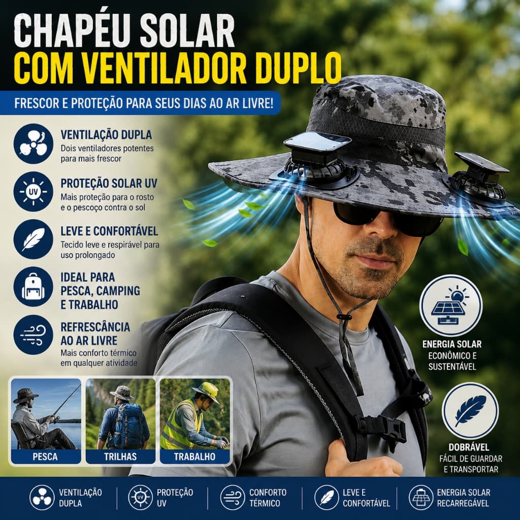 Chapeu Solar com Ventilador Duplo Protecao UV Ventilacao Alta para Pesca Trabalho Camping Caminhada