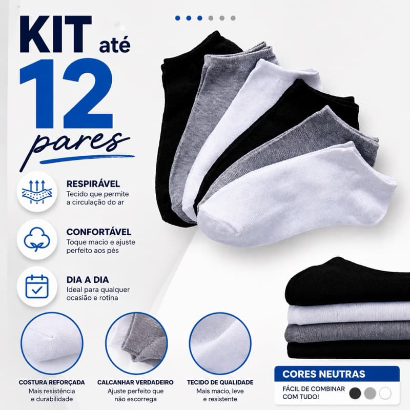 Kit 12 Pares de Meia soquete Cano curto Adulto Feminino Masculino Soquete Algodão Dia a dia