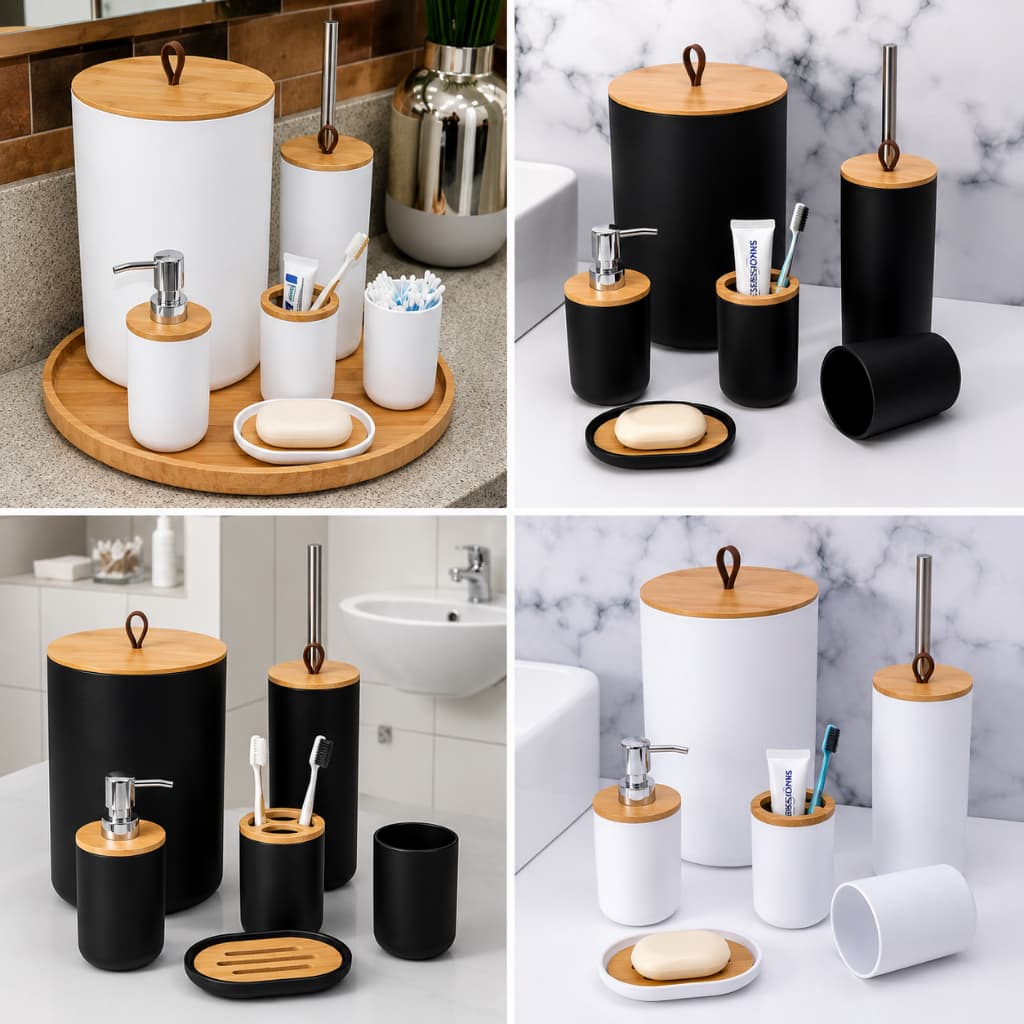 Kit pra Banheiro Bambu Conjunto Lavabo Saboneteira Lixo de Banheiro Acessorios 6 peças