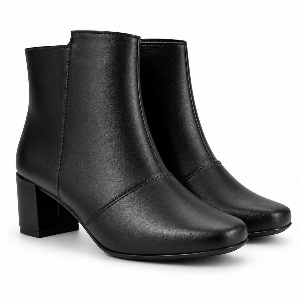 Bota Coturno Feminina Zamarini  Preto Cano Curto Bico Quadrado Tratorada Confortável