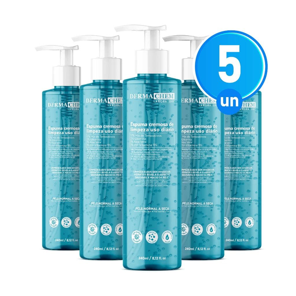 Kit 5 Espuma Cremosa de Limpeza Facial 240ml Hidratação e Maciez da Pele Com Aloe Vera Dermachem