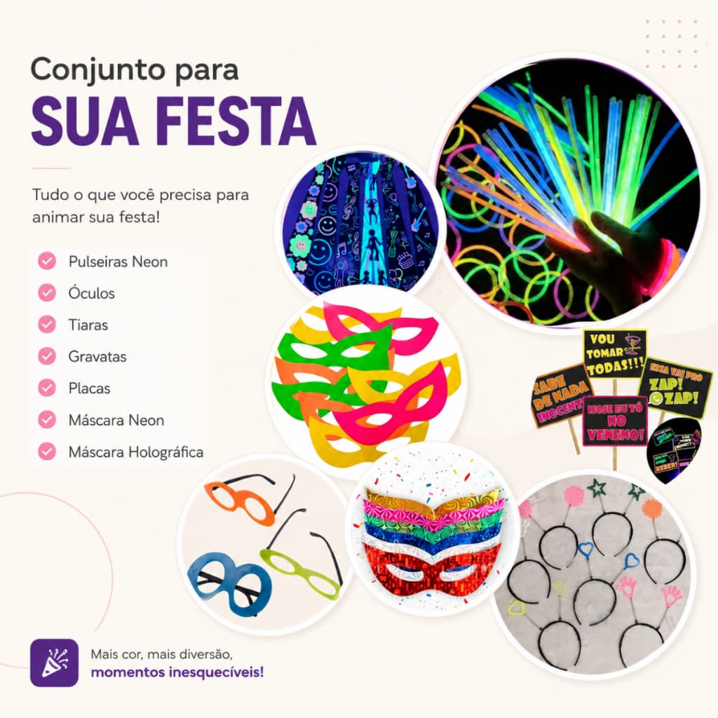 Kit Festa Neon Completo com Óculos Tiaras Gravatas Máscaras e Neon Variados Baladas Coloridos Lembrancinha