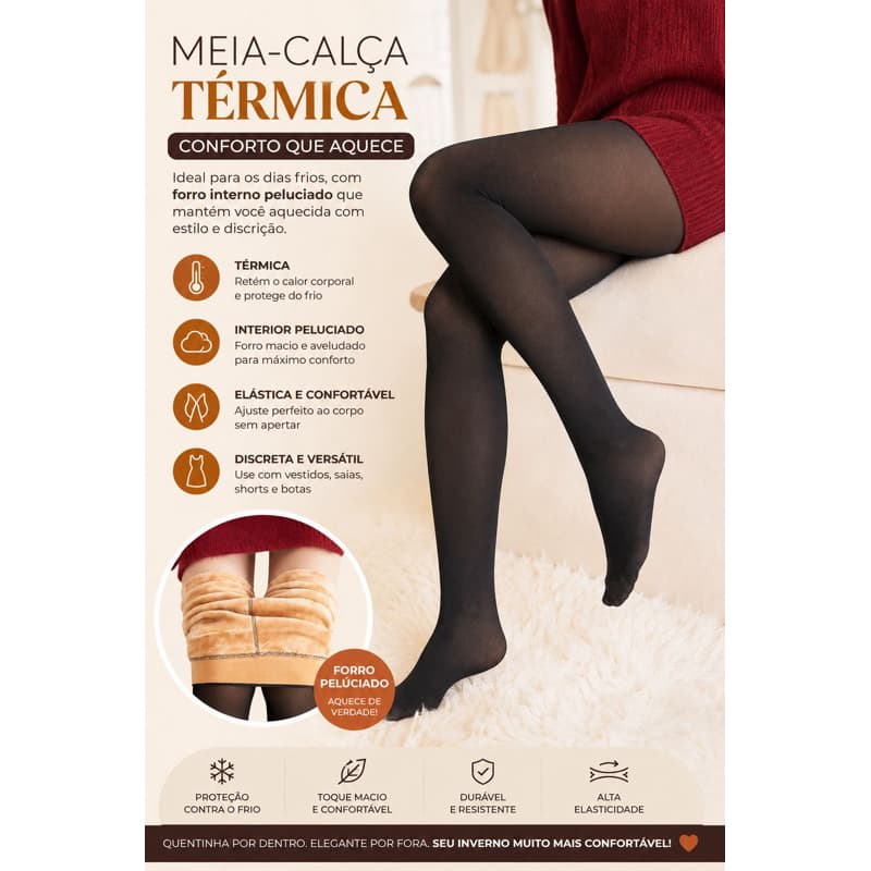 Meia-Calça Térmica Feminina Preto com Forro Interno Quente para Inverno