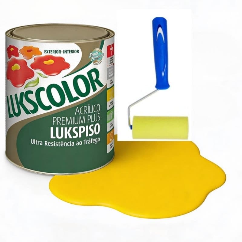 Tinta Amarelo Demarcação Lukscolor 900ml p/ Piso e Parede + 1 Rolo 9cm