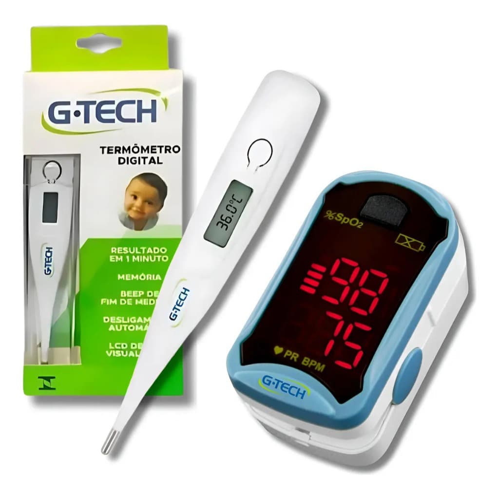 Kit Termômetro + Oxímetro G-tech Portátil Adulto E Infantil Branco E Azul