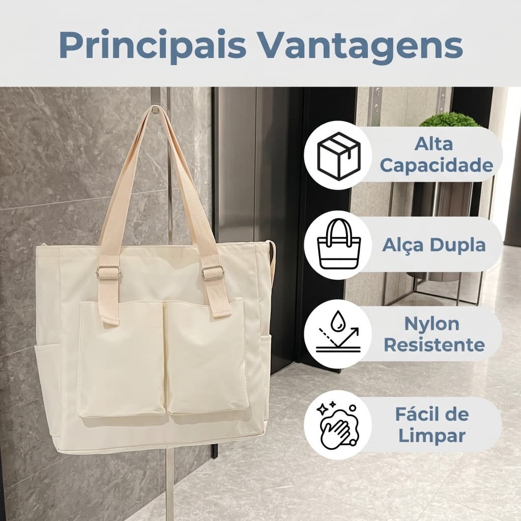 Bolsa Tote Casual em Nylon Bege com Alça Dupla e Bolsos - Estilo Versátil para Faculdade, Passeios e Trabalho