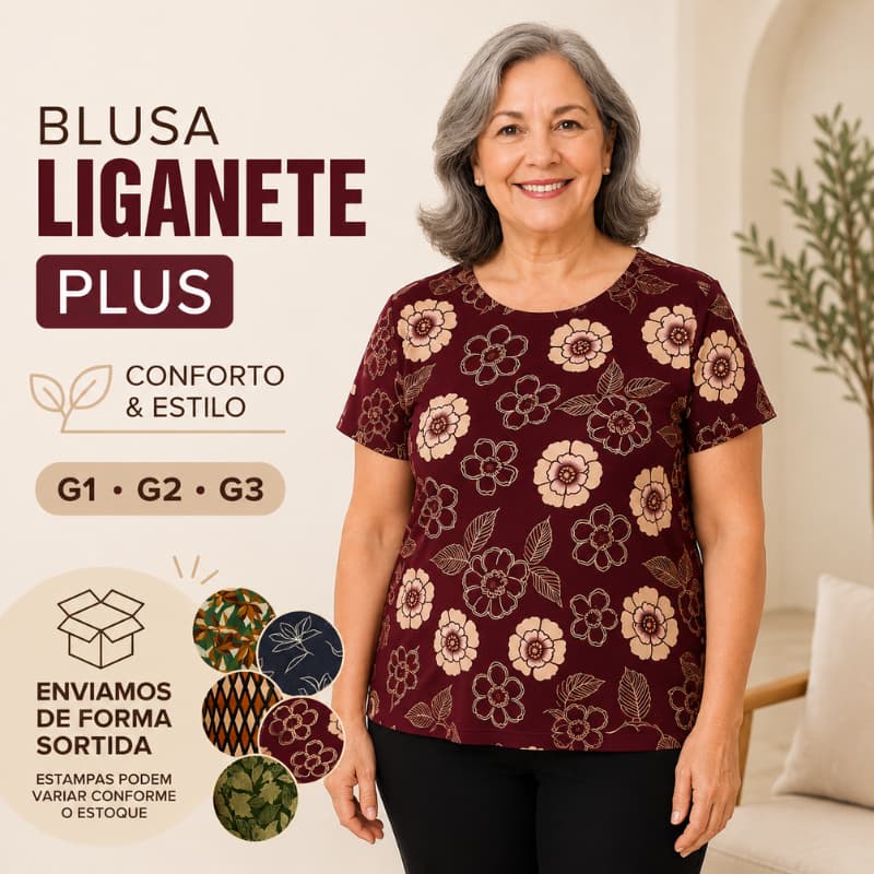 Blusa Feminina Estampadas Liganete Em Malha Fria Com Manga Plus SIze