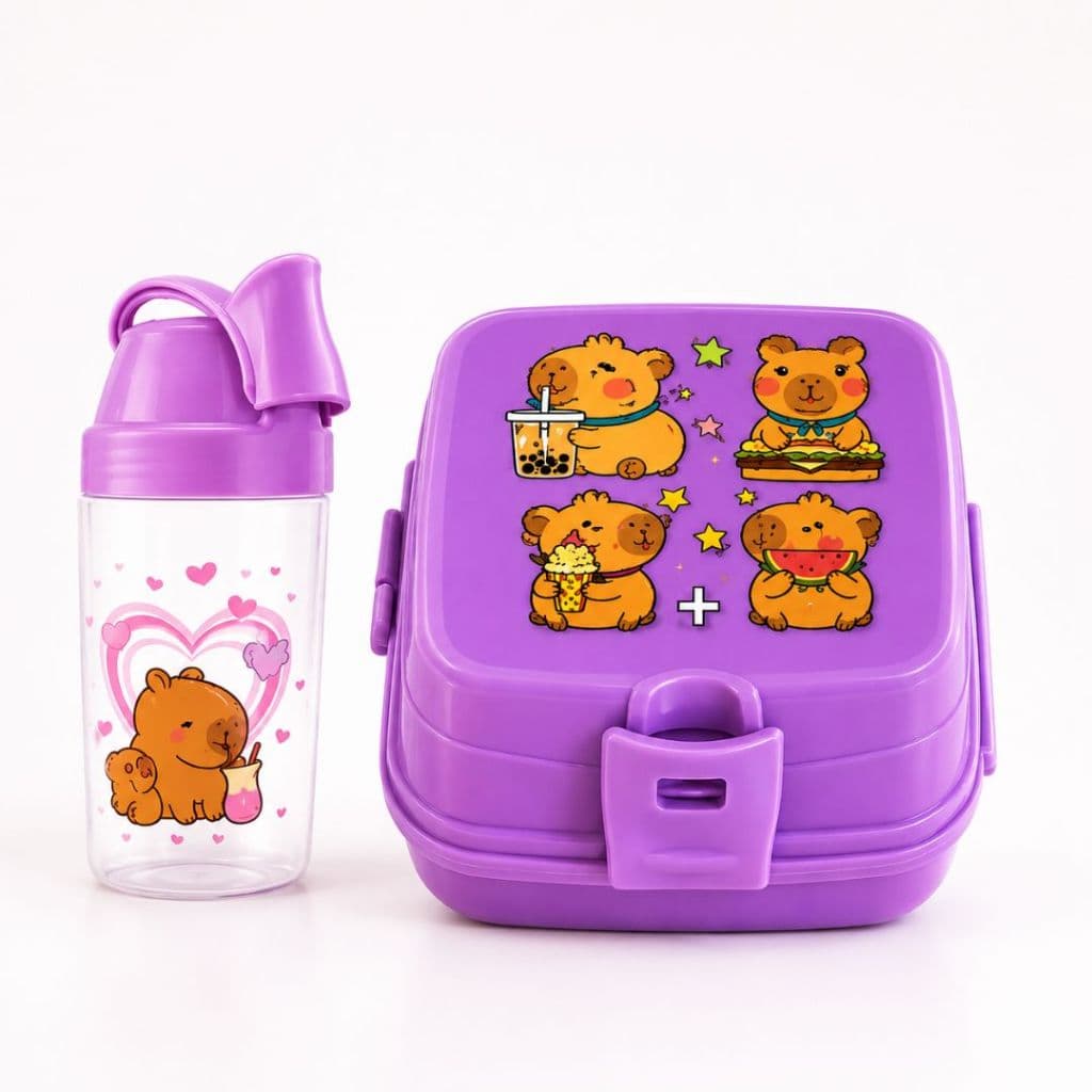 Kit Lancheira Infantil 4 Divisórias Capivara Safari + Garrafinha 400ml Escolar