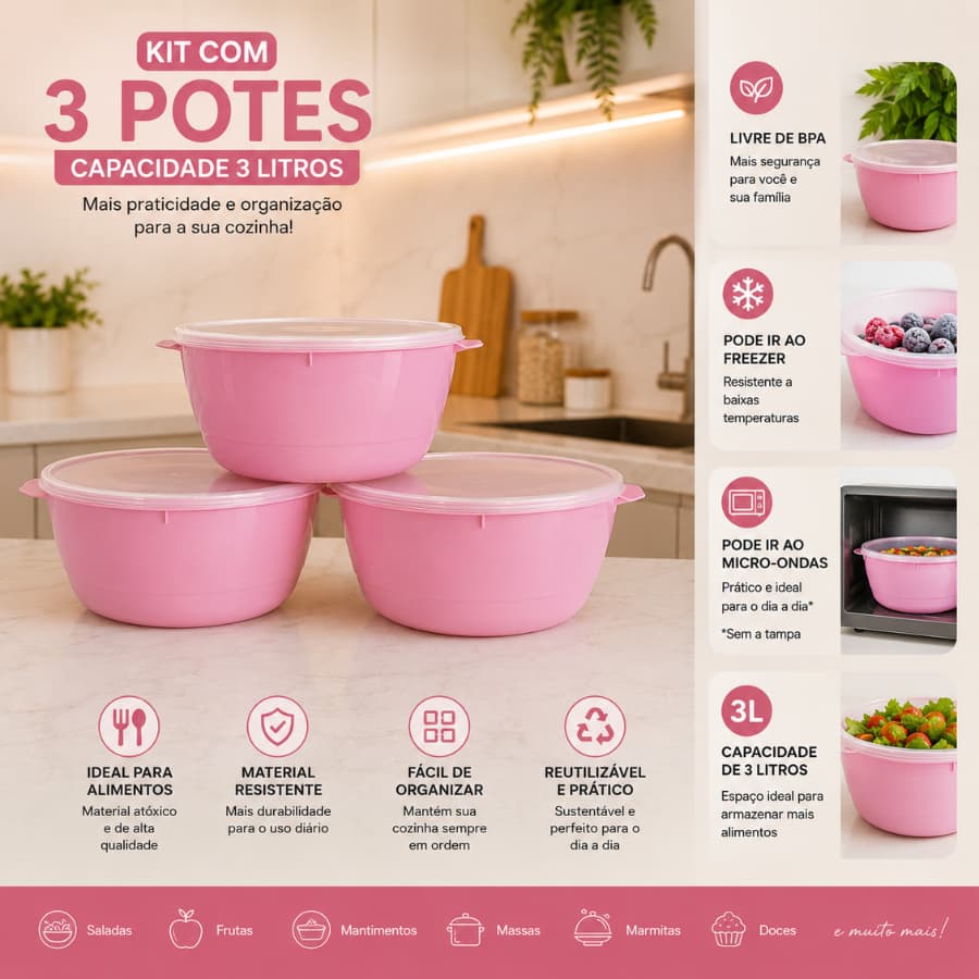 3 Potes Plásticos Redondo 3 Litros Tampa Hermética BPA Free Organizador Cozinha Microondas Freezer