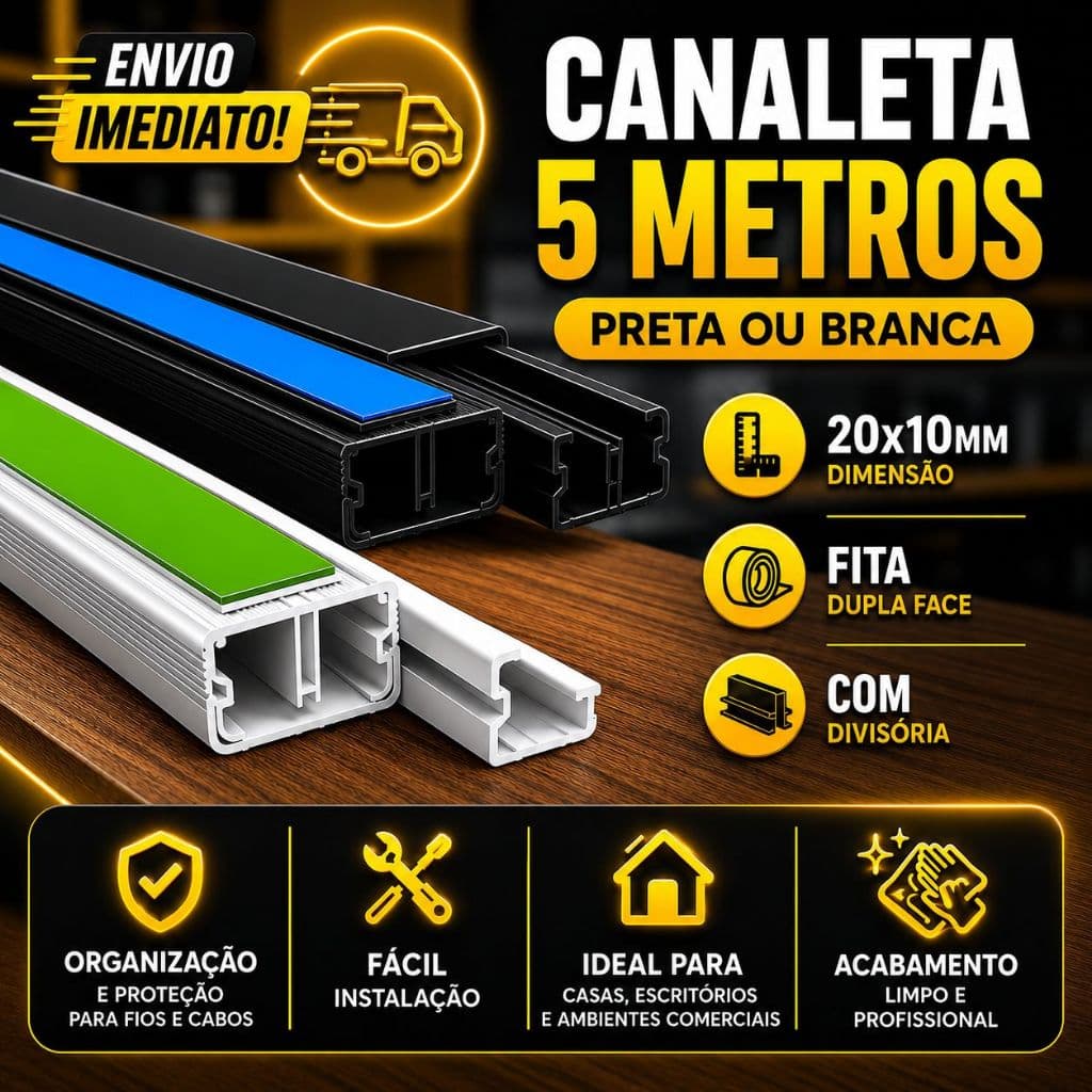 Canaleta 5 Metros Organizador de Fios Preta Branca Sistema X Com Fita Adesiva e Divisória 20x10mm