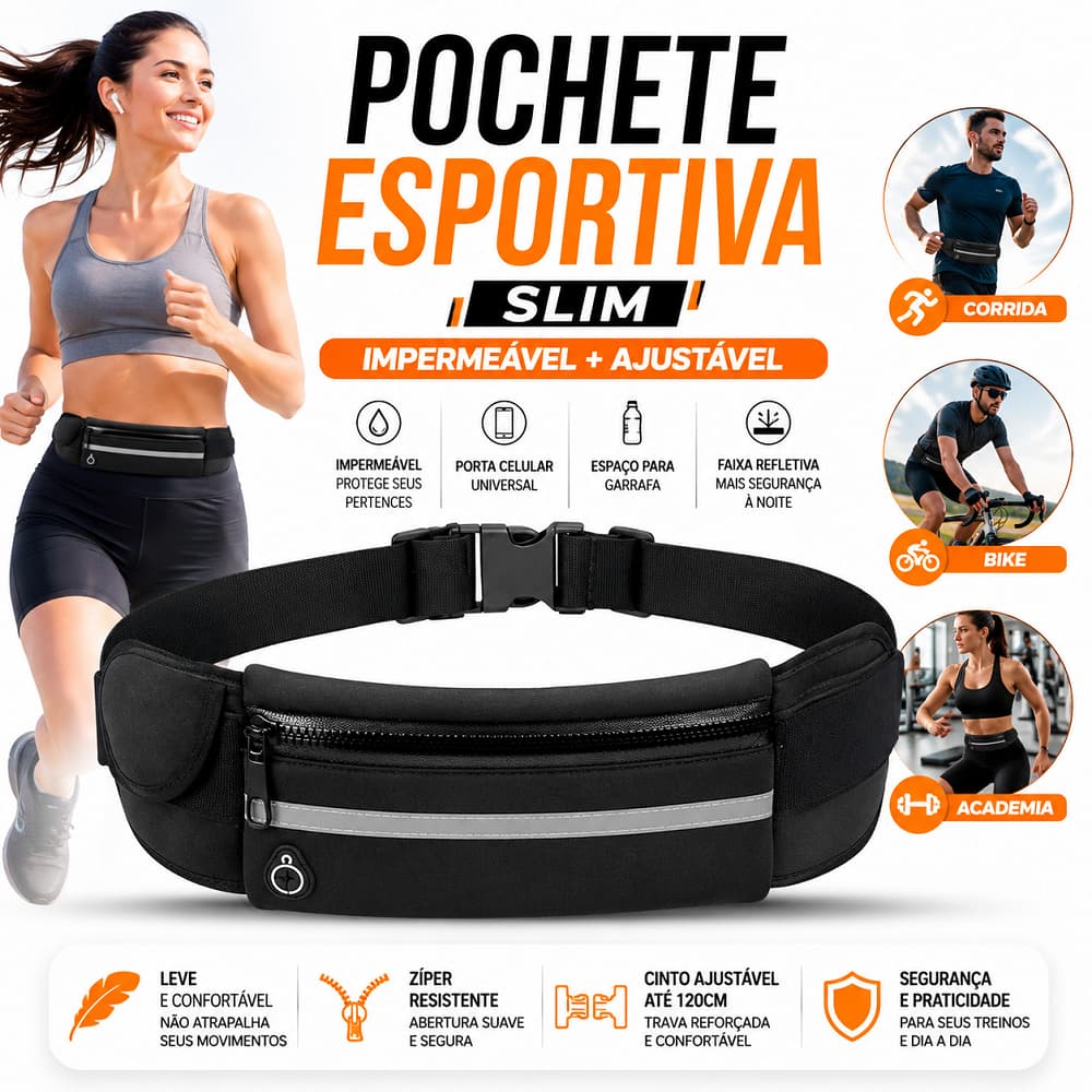 Pochete Esportiva Slim Impermeável Porta Celular Água Corrida Academia Caminhada Bike Ajustável Refletiva