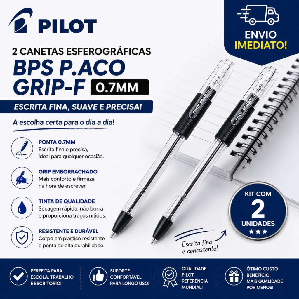 2 Canetas Esferográficas Pilot BPS Grip-F 0.7mm Preta Ponta Fina Escrita Macia Escolar Escritório