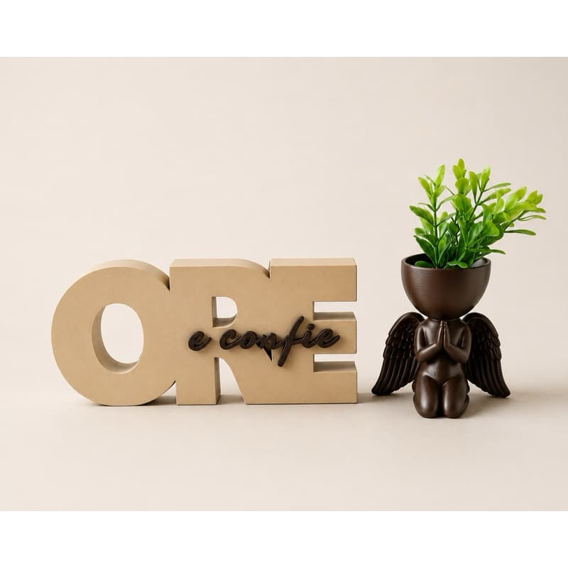 Decoração Cristã ORE e Confie + Vaso Anjo Cachepot | Enfeite Minimalista Moderno Fé e Esperança