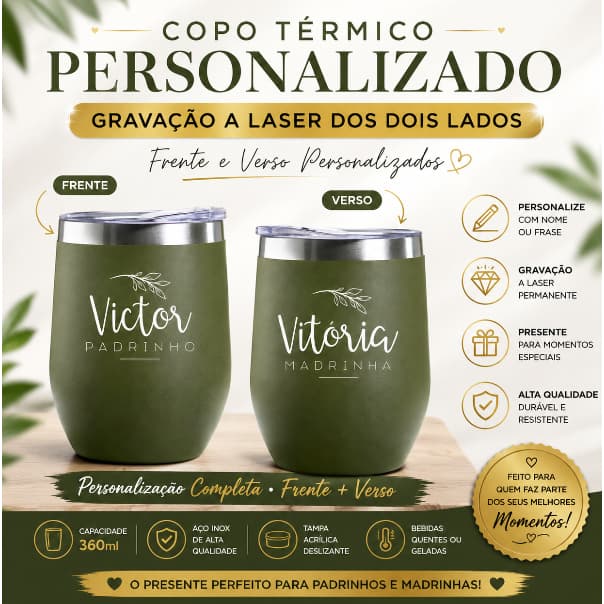 2 Copos Cuias Térmico Padrinhos Gravação a laser Frente e Verso Personalizado Padrinho Madrinha Batizado Casamento