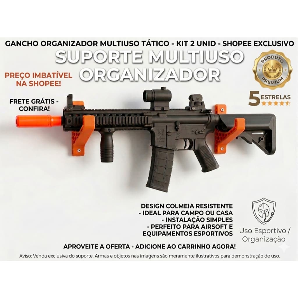 Suporte De Parede Kit 2 Ganchos Para Rifle Airsoft E Cabos Reforçado