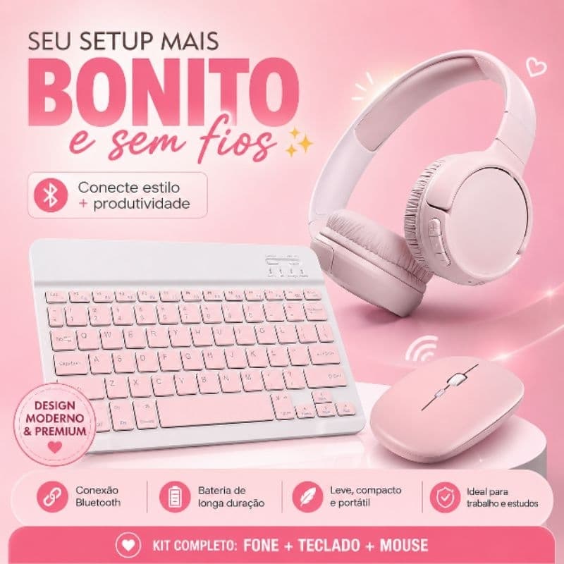 Kit Teclado Mouse Bluetooth Sem Fio + Fone Tune 510 Rosa Par