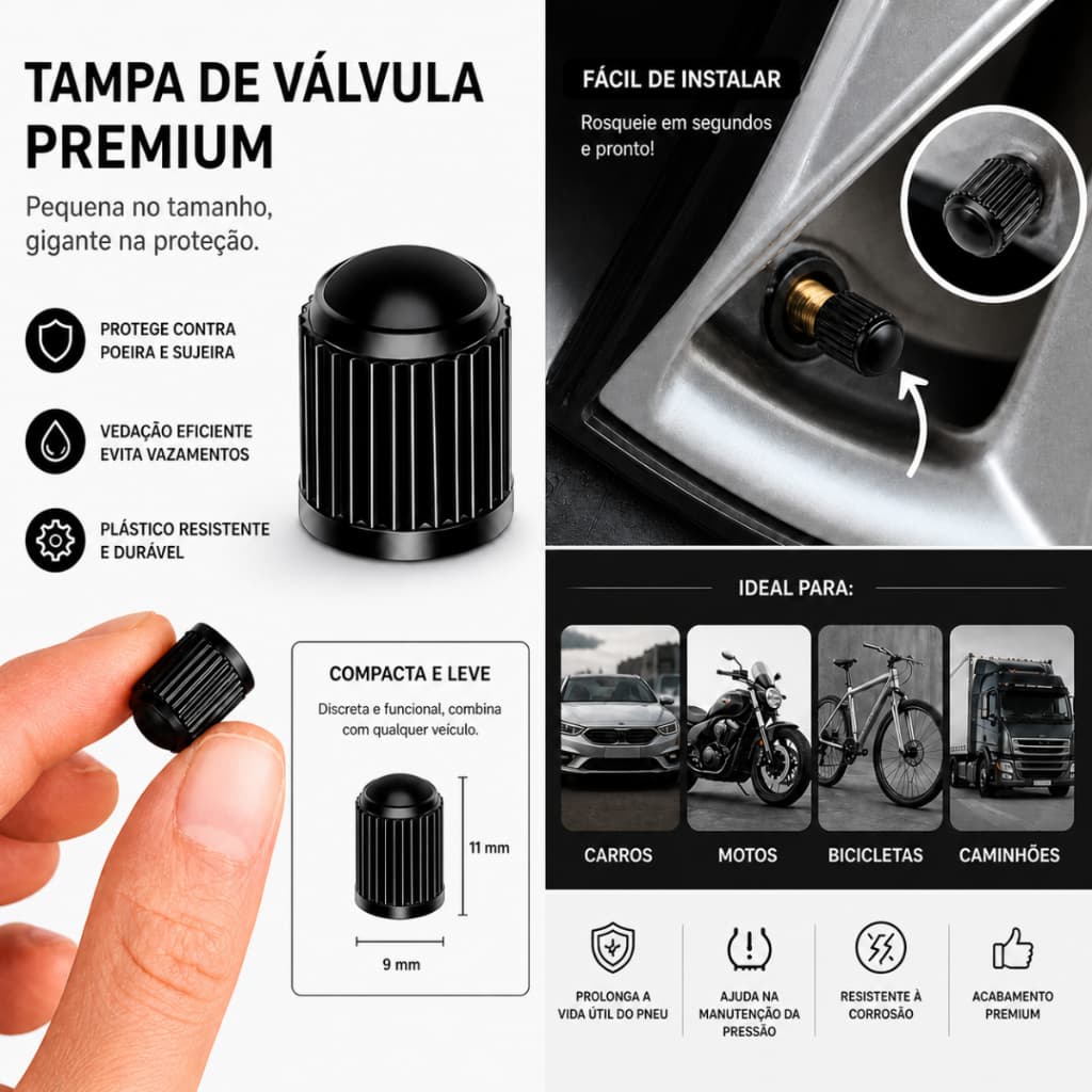 Kit Tampa Valvula Pneu Universal Carro Moto Bike Plastico Preto