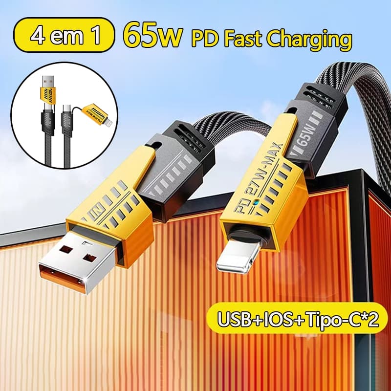 Cabo 4 em 1 Carregamento Rápido PD 65W USB Tipo C Lightning Duplo Nylon Trançado para Android e iOS
