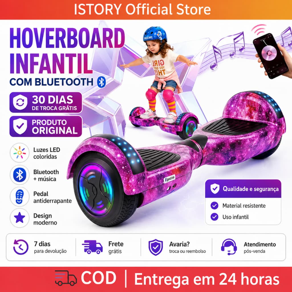 Hoverboard Infantil Skate Elétrico 6.5" Led Bluetooth Bateria De Grande Capacidade Endurance Forte
