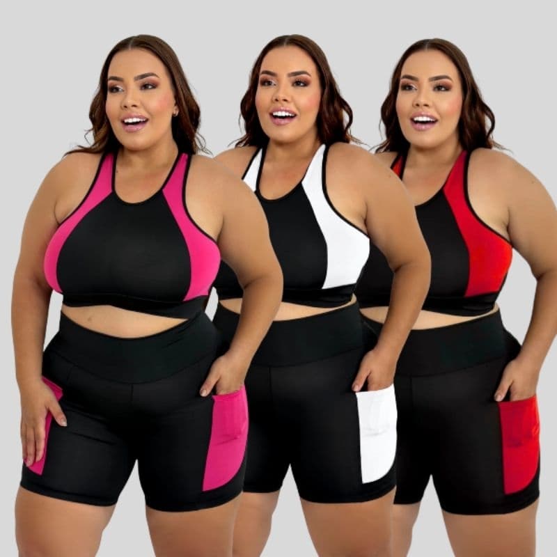 Conjunto Plus Size Moda Fitness Short + Top Feminino Cintura Alta Compressão Suplex Premium Academia