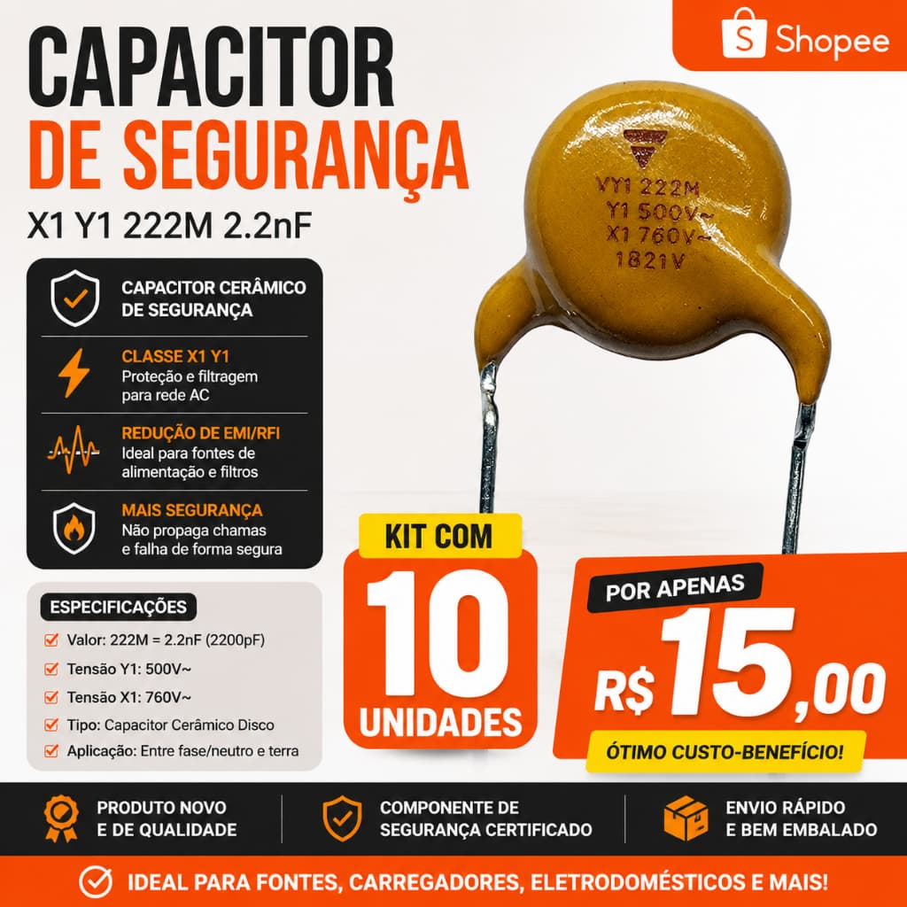 Capacitor Cerâmico Segurança X1 Y1 222M 2.2nF 500V 760V - Kit 10 Unidades