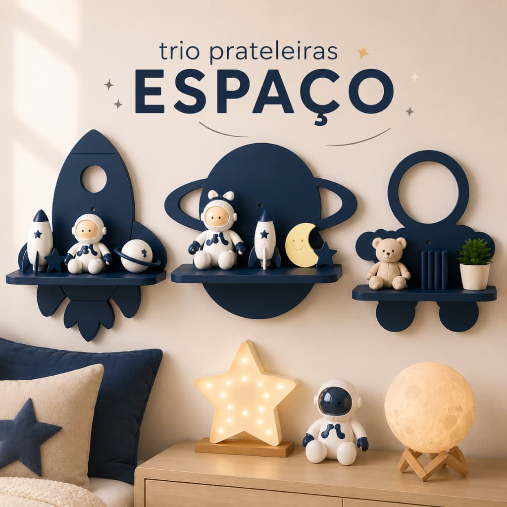 Kit 3 Prateleiras Espaço Infantil MDF Quarto Bebê Astronauta Foguete Planeta