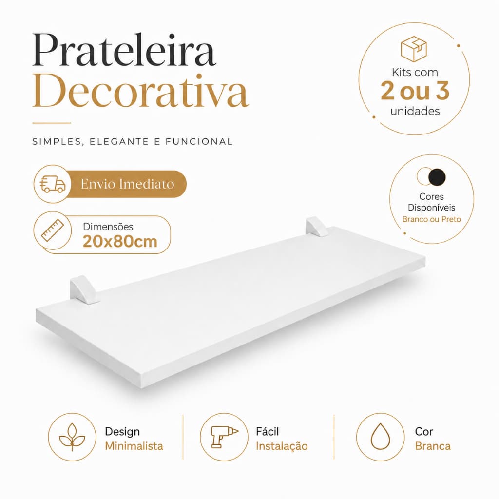 Kit Prateleiras De 20x80cm 2 ou 3 Unidades Preta ou Branca Com Buchas E Parafusos Envio Rapido