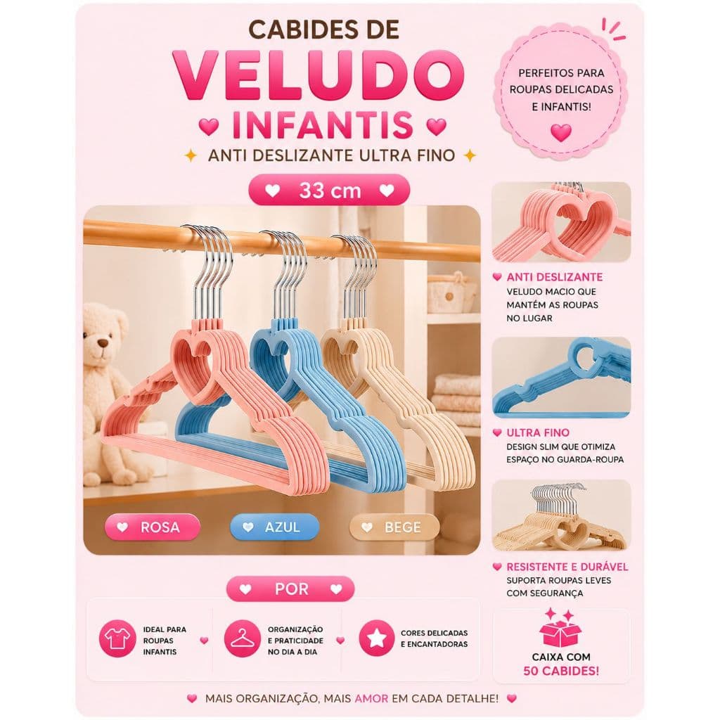 Kit 50 Cabides Infantil Criança Veludo Anti Deslizante Ultra Fino Qualidade Premium 32 cm Resistente