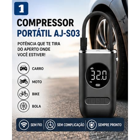 Compressor de Ar Portátil Elétrico Digital Pneu Carro Moto Bike - Recarregável USB-C Mini Calibrador
