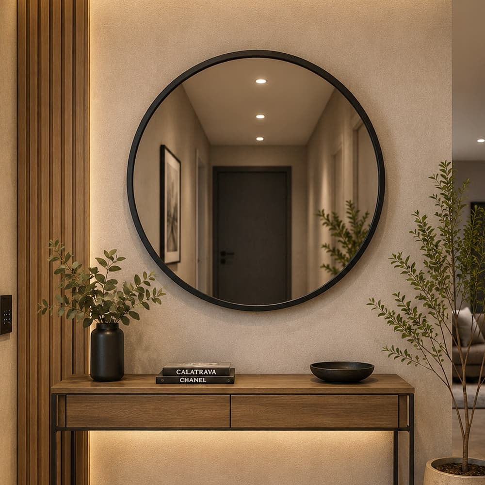 Espelho Redondo Lapidado 60cm com Moldura de Couro Para Banheiro Quarto Sala Decoração Maquiagem