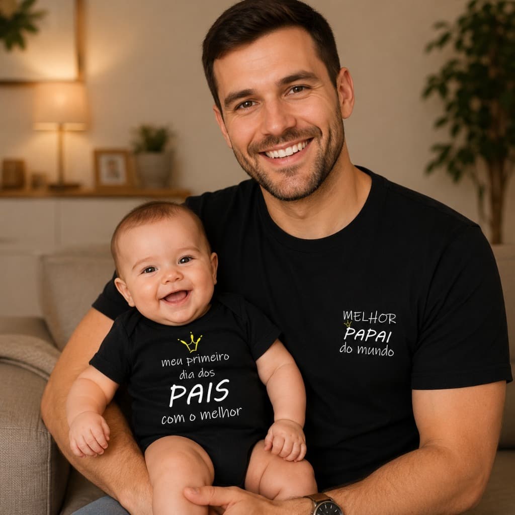 Camiseta Pai e Body Bebê – Primeiro Dia dos Pais com Papai Melhor Papai do Mundo