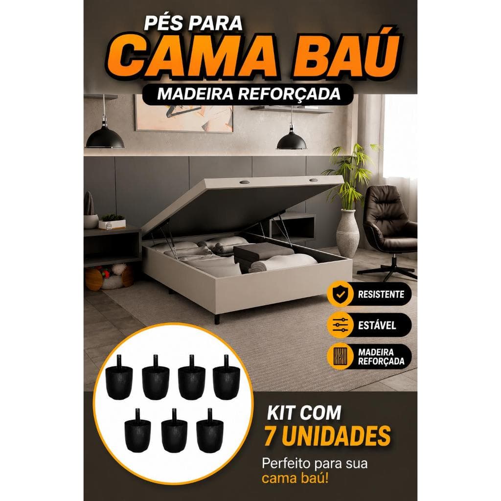 Pés para Cama Box Com 7 Unidades Pezinho Madeira 6,5cm Casal ou Solteiro Pes - Cor Preto PARA MÓVEIS