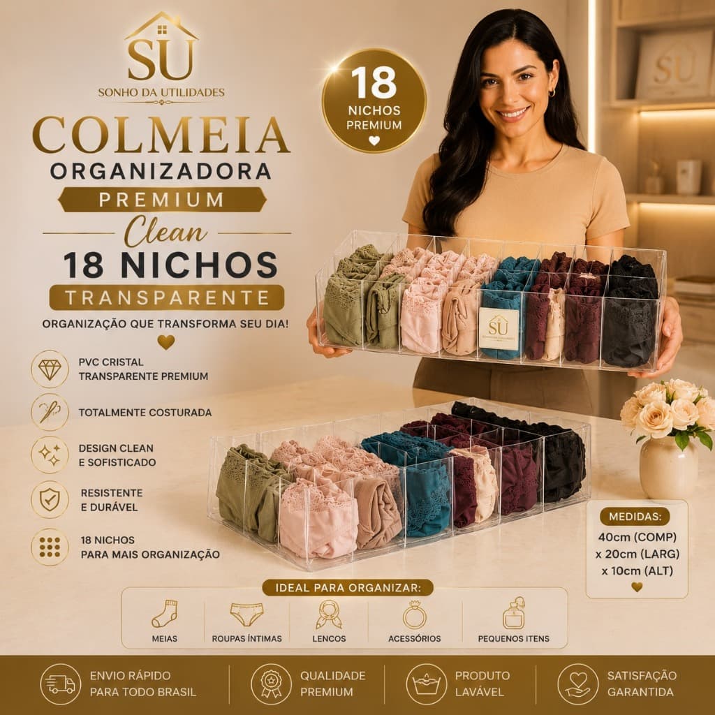 Colmeia Organizadora Premium Clean Transparente 18 Nichos PVC Cristal Costurada - SU Sonho