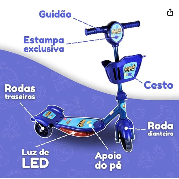 Patinete Infantil 3 Rodas Radical Com Cestinha Luz E Som Para Crianças Menino