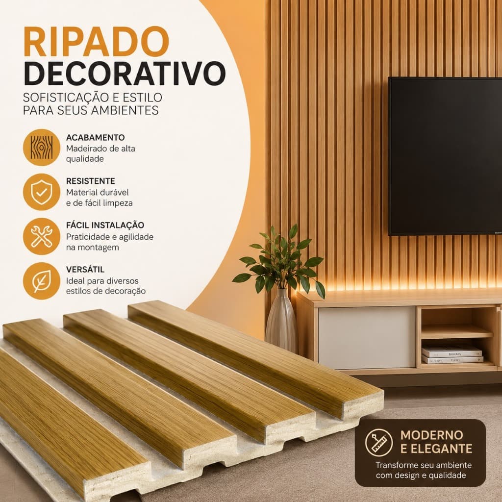 Kit ripas Placas Ripadas MDF - Revestimento Decorativo de Parede 45x11cm Moderno