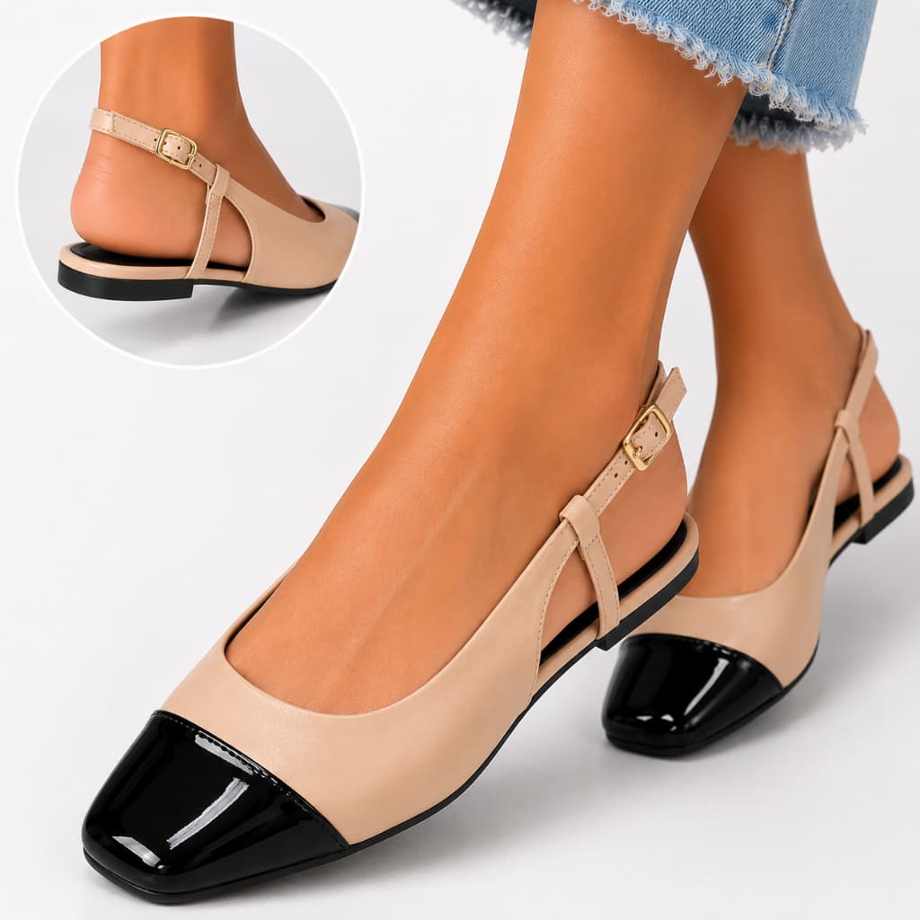 Sapatilha Feminina Slingback Cap Toe Bico Quadrado Elegante Confortável