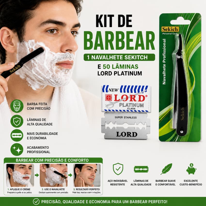 Kit de Barbear Profissional 1 Navalhete Sekitch e 50 Lâminas de Barbear Lord Platinum