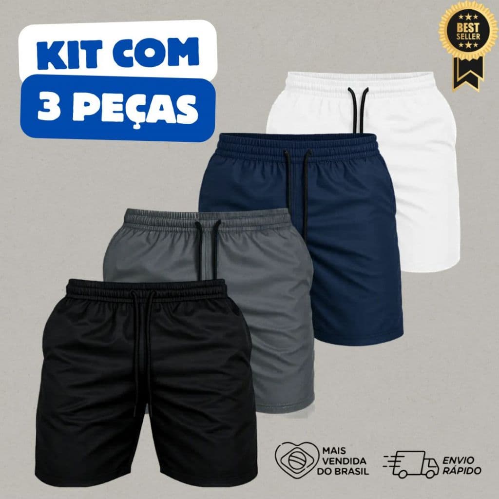 Kit 3 Bermudas Dry Fit Masculino Short Básico Leve e Confortável Academia Fitness