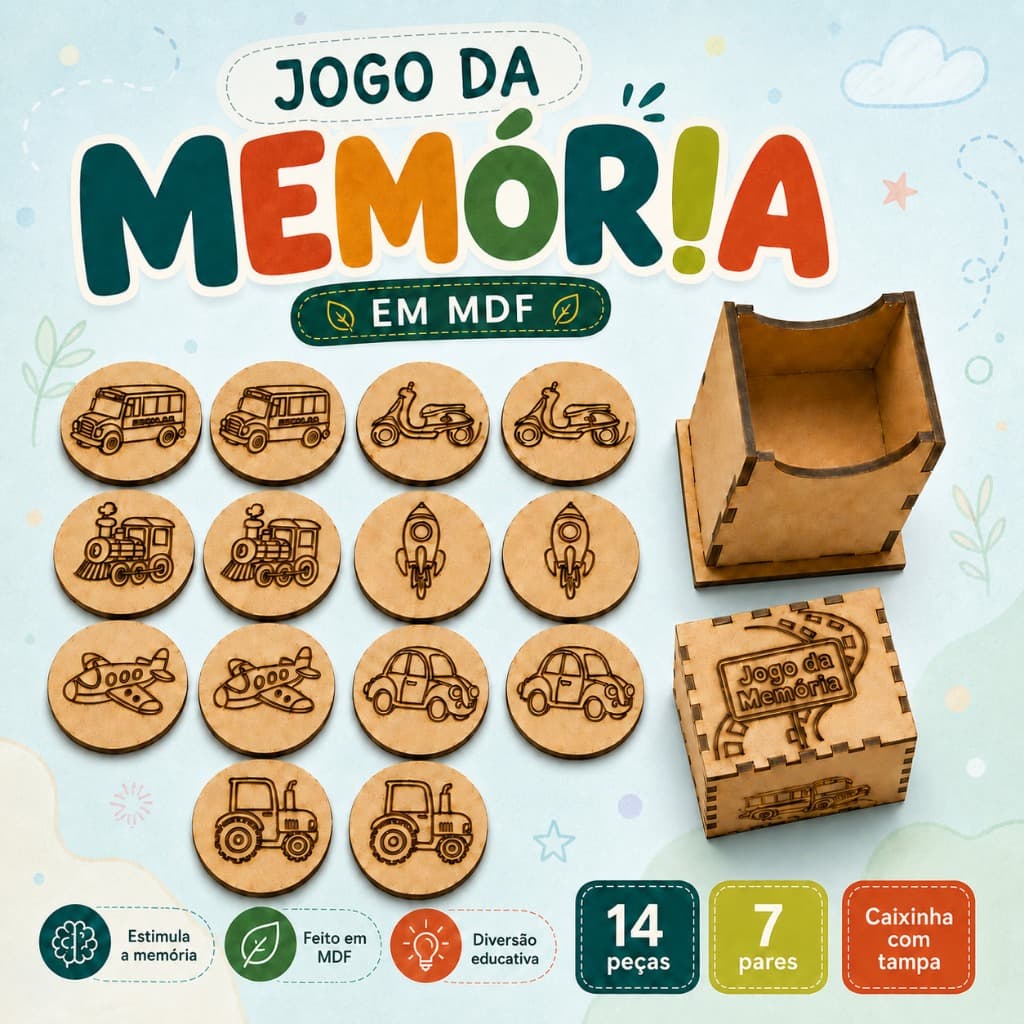 Brinquedo Educativo Infantil Jogo da Memória Veículos Transporte MDF 14 Peças Pedagógico