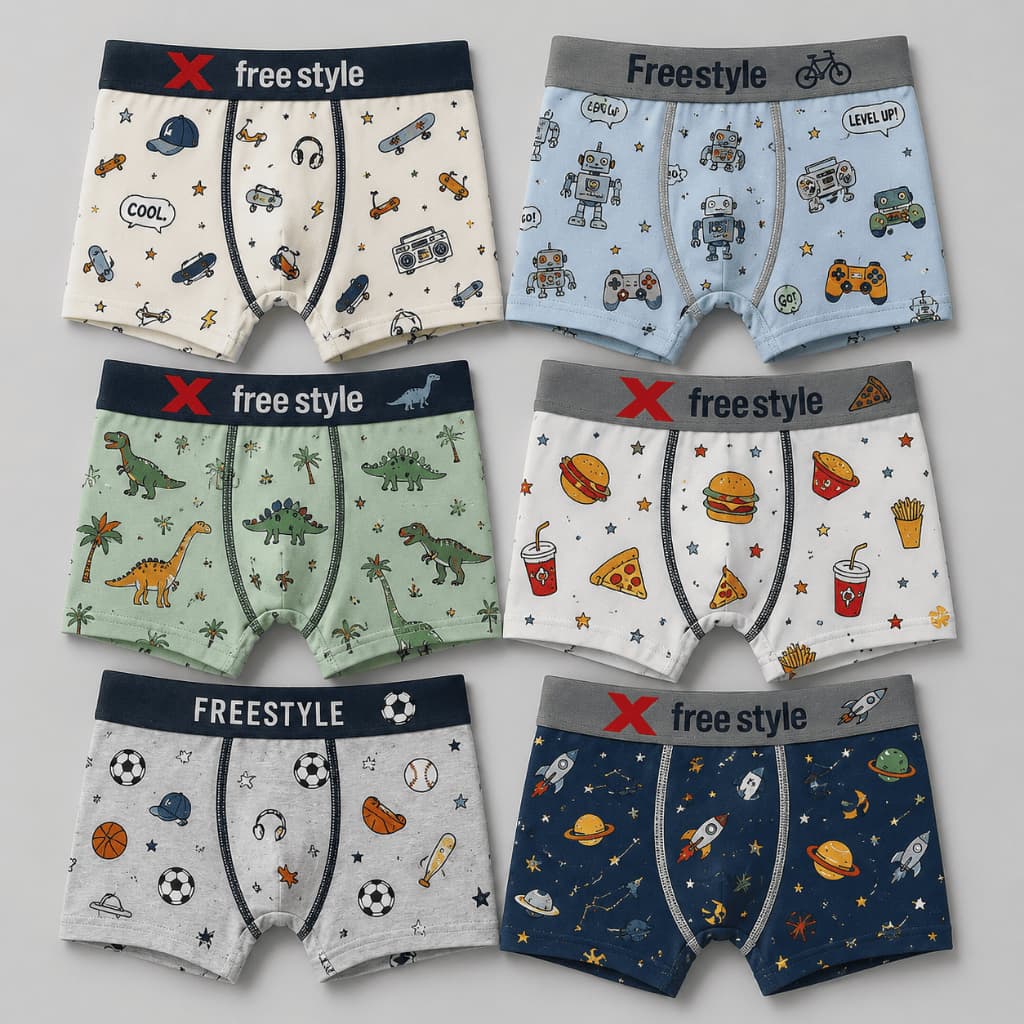 Kit 6 Cuecas Boxer Infantil Estampadas Tecido de Algodão Premium Confortável Ideal Para o Dia a Dia