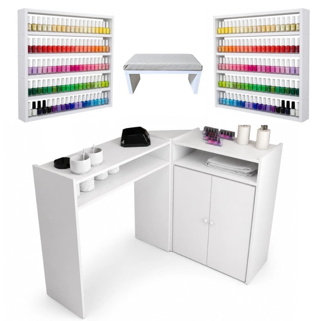 Mesa Manicure Em L Grande + 2 Prateleiras Esmaltes + Apoio De Mãos