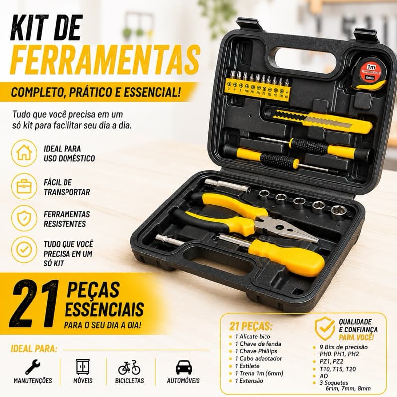 Kit Maleta De Ferramentas 21 Peças Essenciais Completo para Reparos em Casa na Cor Amarela com Maleta