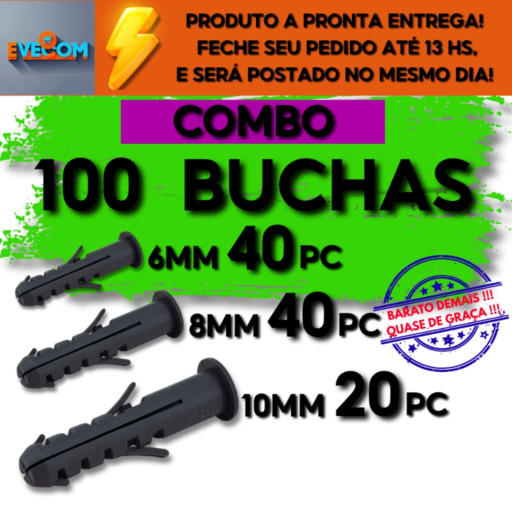 Kit Combo Com 100 Buchas Fixação Plástica Com Anel (40x6mm+40x8mm+20x10mm)