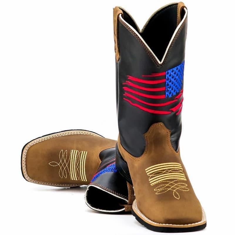 Bota Texana Couro Bordada Usa Cowboy Country Reforçada