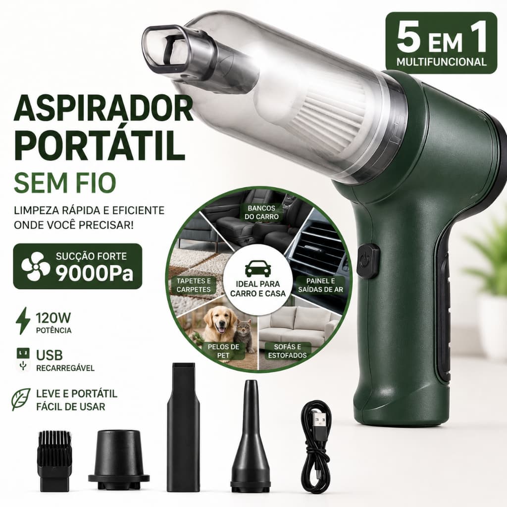 Aspirador de Pó Portátil Sem Fio 5 em 1 9000Pa Recarregável USB 120W Para Carro Casa Pelos de Pet